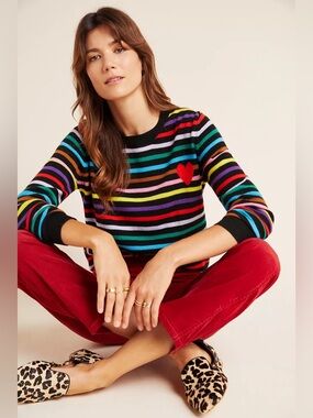 Chinti & Parker 100% Cashmere Rainbow Stripe Heart Sweater XS